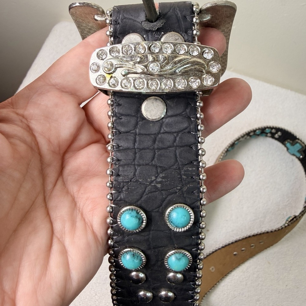 BHW Western Cowgirl Leather Belt Crystal Rhinestones Black Turquoise 40" Women's